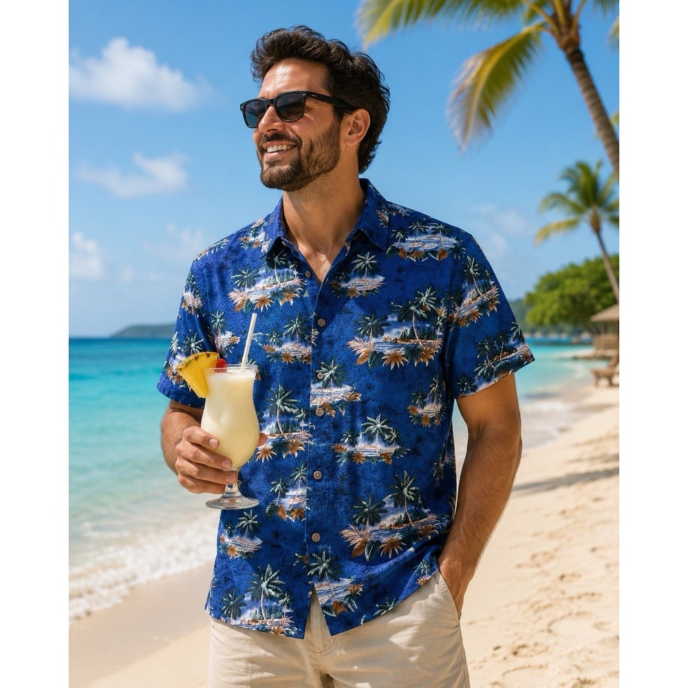Pierre Cardin Men's Shirt X-Large Cotton Blue Tropical Leaf Palm Tree Hawaiian